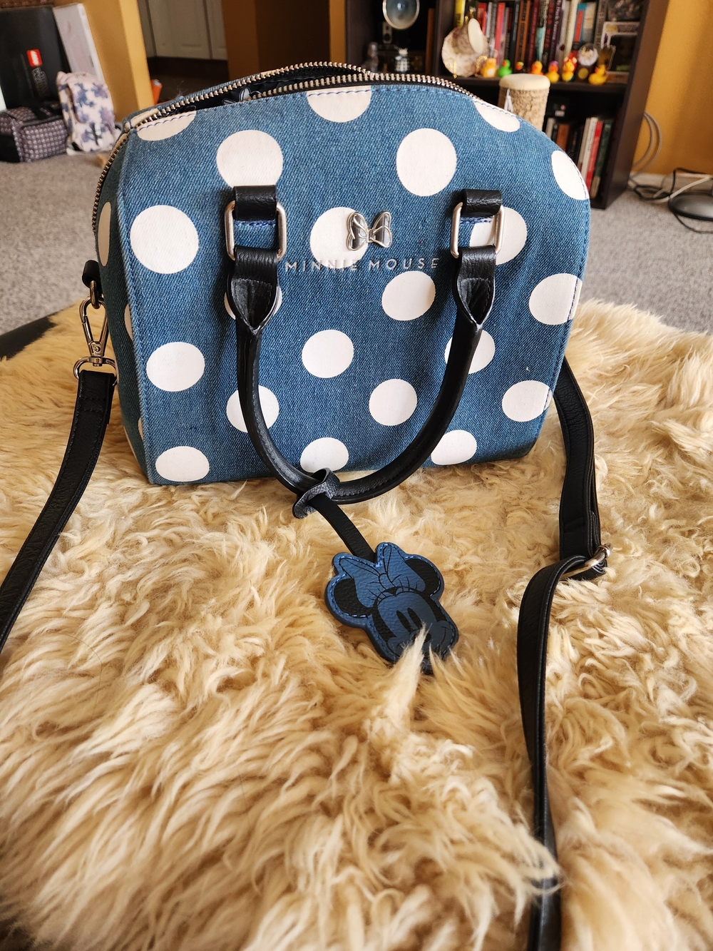 Polka Dot Denim Satchel Bag - Blue & White